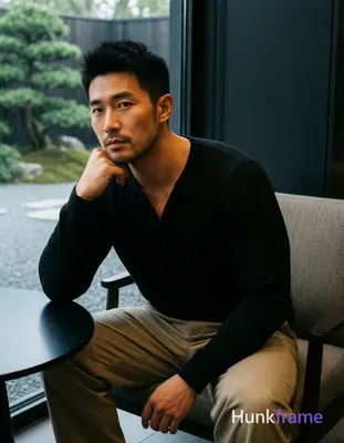 Photograph of exactly 1 adult man. Man 1: East Asian, medium tan with warm undertones, square jawlin