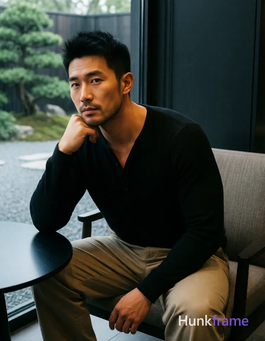 Photograph of exactly 1 adult man. Man 1: East Asian, medium tan with warm undertones, square jawline, defined cheekbones, straight nose bridge, short spiky black hair, textured top, tapered sides and back, clean-shaven chin and jawline, faint stubble on upper lip only. Man 1 has fully exposed eyes, eyebrows, temples and nose bridge. Broad shoulders, defined biceps contrast with thick thighs in loose beige trousers. Seated sideways on upholstered chair with right hand supporting chin at round black table. Black long-sleeve Henley shirt reveals upper chest above ribbed neckline while sitting. Vertical portrait crop from mid-thigh up to head angled slightly downward against dark wall. Indoor lounge near large glass window overlooking gravel garden, manicured bonsai trees. Soft natural daylight highlights face and arms creating dramatic yet warm sculpted shadows. Fine-art photography aesthetic with minimalist urban-chic palette emphasizing masculine form