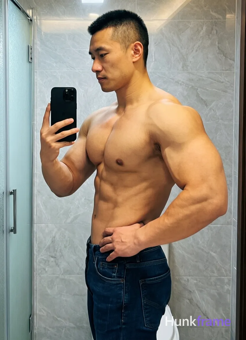 an anonymous figure adult man with short black buzz cut and clean-shaven face, standing sideways facing left in a mirror reflection; He is shirtless revealing broad shoulders, defined lats, visible trapezius muscles, sculpted latissimus dorsi, and clear abdominal definition while holding a black smartphone with both hands to capture the selfie pose; His right elbow flexes at 90 degrees showing bicep detail as his left hand rests on his hip; He wears dark blue slim-fit jeans in a vertical full-body shot from head to mid-thigh; The setting is a bathroom interior with light gray marble-effect tiled walls and a frosted glass shower door visible on the left edge of the frame under soft overhead artificial lighting creating subtle shadows along spine, shot on iPhone 15 Pro main camera, authentic smartphone computational photography, natural Smart HDR and true-to-life skin texture, vertical 9:16 Xiaohongshu lifestyle feed, bright clean everyday scene, unretouched phone photo with subtle sensor grain, trendy Chinese internet 网红 aesthetic, candid influencer energy, phone held naturally; single clean uninterrupted photograph with a cohesive editorial composition and plain continuous surrounding surfaces
