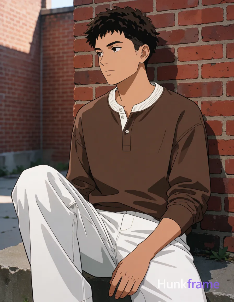 an anonymous figure man with short textured dark brown hair, clean-shaven face, neutral contemplative gaze off-camera left; Leaning back against a red brick wall in an urban courtyard, right leg bent resting foot on concrete ledge, left leg straight behind him torso angled slightly toward camera head turned left; Wearing brown long-sleeve henley shirt with white ribbed collar top button undone and white wide-leg trousers showcasing lean build defined shoulders biceps; Polished anime 2.5D next-gen game art style expressive face athletic anatomy high-quality character rendering natural daylight soft shadows red brick tones earth tones minimalist palette fine-art photography aesthetic editorial fashion composition; single clean uninterrupted artwork with a cohesive composition and plain continuous surrounding surfaces