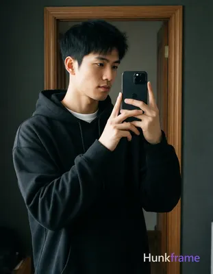 an anonymous figure man with short textured black hair and clean-shaven face, wearing a black oversi