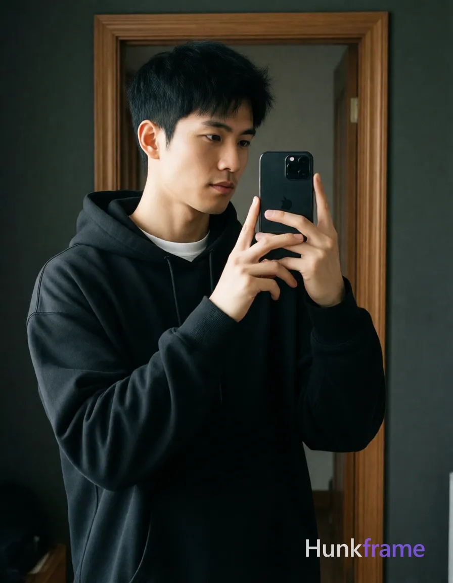 an anonymous figure man with short textured black hair and clean-shaven face, wearing a black oversized hoodie over a white crew-neck t-shirt; Standing upright facing slightly right in an indoor room with dark walls and wooden door frames, holding a black Apple smartphone up to capture a mirror reflection; Soft directional light from front-left illuminates the lean build and fabric texture of the ribbed cuffs; Clean composition focused on facial features and upper body within a chest-up portrait crop; single clean uninterrupted photograph with a cohesive editorial composition and plain continuous surrounding surfaces
