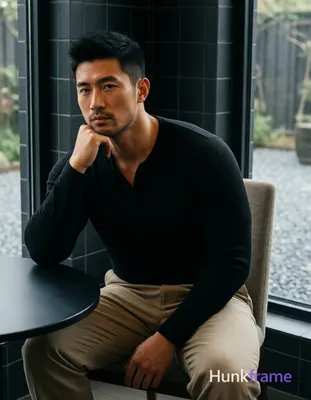 Photograph of exactly 1 adult man. Man 1: East Asian, medium tan with warm undertones, square jawlin