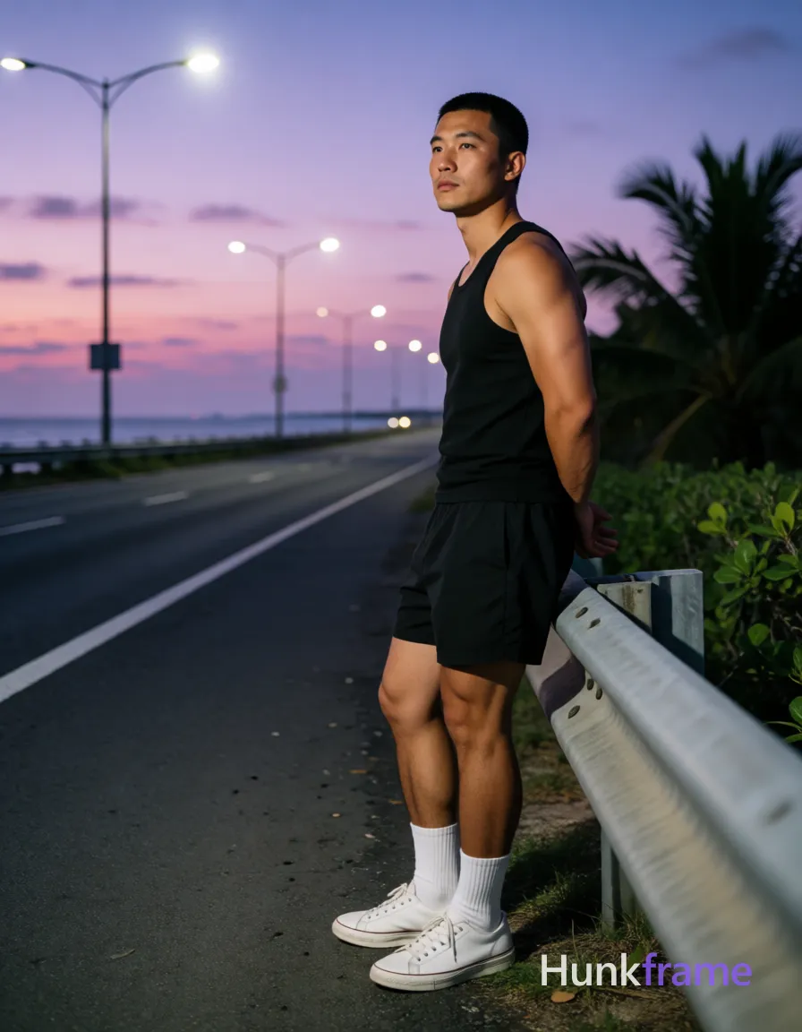 Asian man with medium-tan skin and short black buzz cut, clean-shaven face, neutral contemplative gaze toward horizon; Standing sideways to camera on coastal highway at dusk, back turned slightly, hands clasped behind lower back; Shirtless adult wearing fitted black sleeveless tank top showing muscle definition, black athletic shorts ending mid-thigh, white crew socks pulled to calf height, white low-top sneakers with visible laces and rubber soles; Entire back from neck to waistline exposed, full arms including biceps and forearms, thighs down to knees with subtle leg hair on calves; Broad shoulders, defined deltoids, visible biceps, thick thighs, lean waist; Full-body vertical shot occupying right third of frame near metal guardrail; Streetlights illuminated against twilight sky casting soft ambient glow from horizon; Deep purples and pinks in sky, cool blues over water, dark asphalt gray road, green palm fronds backdrop; Fine-art photography aesthetic with high dynamic range, sculpted musculature emphasized by lighting angle, candid lifestyle vibe; single clean uninterrupted photograph with a cohesive editorial composition and plain continuous surrounding surfaces