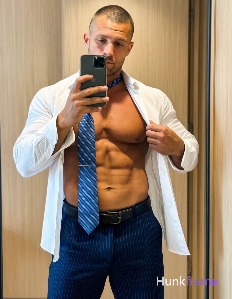 Adult man with light to medium tan skin and buzz cut stands in front of a mirror taking an iPhone selfie; He pulls open his white long-sleeve button-down shirt wide with both hands, exposing bare chest and abdomen while framing the shot at eye level; A blue striped necktie hangs loosely around his torso secured by a tie clip near the navel; he wears dark blue pinstripe dress trousers and a black leather belt; Defined pectorals and six-pack abs are sculpted under soft ambient indoor lighting typical of a lifestyle feed; The setting is an indoor room with light wood-paneled walls, angled slightly toward mirror reflection in vertical portrait orientation, shot on iPhone 15 Pro main camera, authentic smartphone computational photography, natural Smart HDR and true-to-life skin texture, vertical 9:16 Xiaohongshu lifestyle feed, bright clean everyday scene, unretouched phone photo with subtle sensor grain, trendy Chinese internet 网红 aesthetic, candid influencer energy, phone held naturally in one hand for selfie, phone visible in frame; single clean uninterrupted photograph with a cohesive editorial composition and plain continuous surrounding surfaces