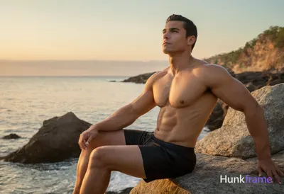 A muscular man sitting on a rocky shoreline at sunset, his posture relaxed yet s