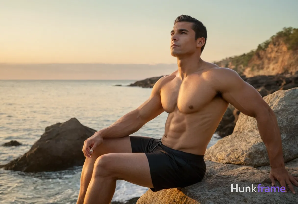A muscular man sitting on a rocky shoreline at sunset, his posture relaxed yet strong. He is shirtless with long, dark hair tied back and wearing black swim trunks that accentuate his physique. His face shows a dreamy expression as he looks out to the horizon, reflecting a sense of tranquility and romance. The photo captures him from full body, head-to-toe, with soft golden hour light casting subtle shadows., alternate camera angle, natural ambient light, candid editorial framing