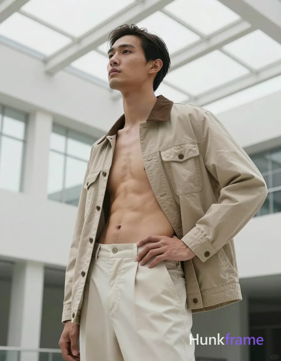 an anonymous figure man with light to medium tan skin, short dark brown hair swept back from forehead and clean-shaven face; He stands in a slim build wearing a beige utility-style jacket with brown collar over light cream trousers, fully clothed adult torsoState; Pose is standing with torso angled toward camera, head turned upward and leftward over shoulder, right hand resting on hip/waist area, left arm bent across body partially obscured; Setting features indoor modern architecture with high ceilings, white structural beams, large windows allowing diffused daylight against a background of white grid-like structure and glass ceiling elements; Lighting uses soft natural light from above creating gentle shadows; low-angle perspective looking up at subject; Mood is calm contemplative minimalist fine-art fashion editorial photography; single clean uninterrupted photograph with a cohesive editorial composition and plain continuous surrounding surfaces
