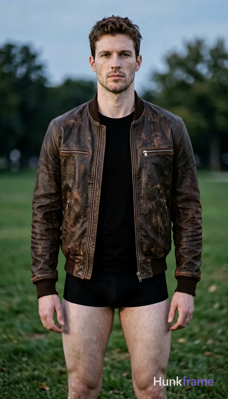 an anonymous figure man with light-medium skin and short dark brown textured hair, clean-shaven face standing upright facing forward; He wears a dark brown distressed leather bomber-style jacket over a black crew-neck t-shirt, hands in zippered chest pockets; Full-body shot from head to mid-thighs centered against an outdoor park setting with green grass and distant trees under soft dusk light; Fine-art photography aesthetic with shallow depth of field blurring the background elements into muted blue-gray tones, same aesthetic theme and photo feel as the reference but a different man in a different pose with distinct body proportions, Slavic man, pale skin, ash blond stubble, tall athletic frame; securely fitted underwear or swim trunks with complete frontal coverage; single clean uninterrupted photograph with a cohesive editorial composition and plain continuous surrounding surfaces