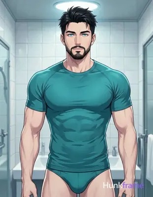 Polished anime style rendering of an Asian man with short black textured hair and stubble beard stan