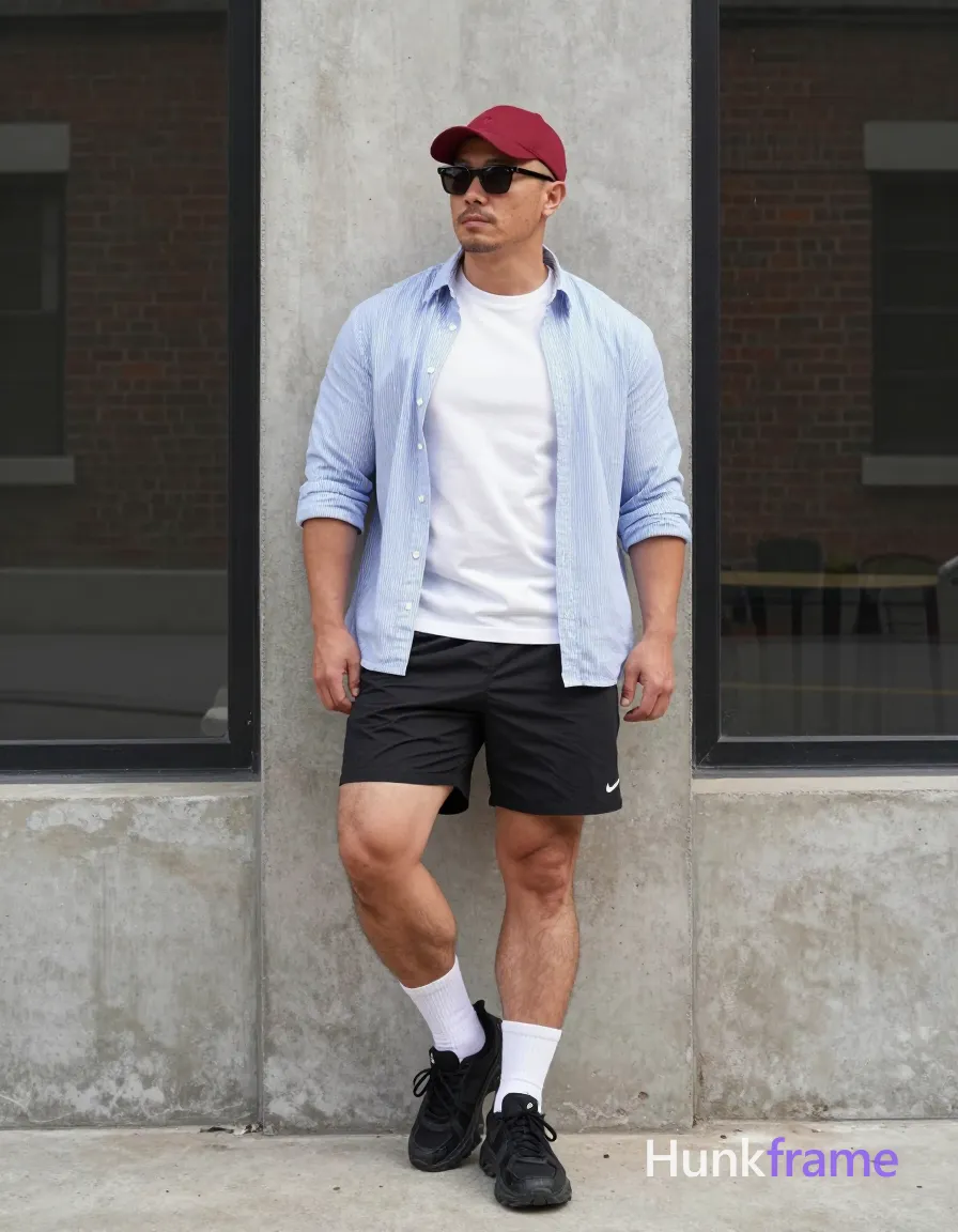 Asian man with light-medium skin and short buzz cut standing upright leaning against a concrete pillar, weight shifted onto left leg; He wears dark-tinted rectangular sunglasses on his face, red baseball cap forward-facing, white crew-neck tee under an unbuttoned light-blue-and-white vertically striped button-down shirt rolled to elbows; Black athletic shorts with Nike swoosh show inner thighs; white mid-calf socks pulled high and chunky black sneakers with textured soles complete the look; Chest partially exposed by open collar, abdomen visible below hemline; Full-body shot center-right in vertical portrait orientation 13:19; Natural sunlight from left creates subtle highlights on face and clothing folds against large glass windows reflecting brickwork; Clean composition emphasizes outfit posture minimalist background muscle-bear aesthetic rugged warm confidence broad shoulders meaty chest dense body hair preserved big-and-hairy build; The adult man visibly wears sunglasses worn on face: dark-tinted lenses, thin black frames with slight wrap-around style, rectangular shape with rounded corners on his face; preserve the exact frame shape, rim style, color, material, and lens; single clean uninterrupted photograph with a cohesive editorial composition and plain continuous surrounding surfaces