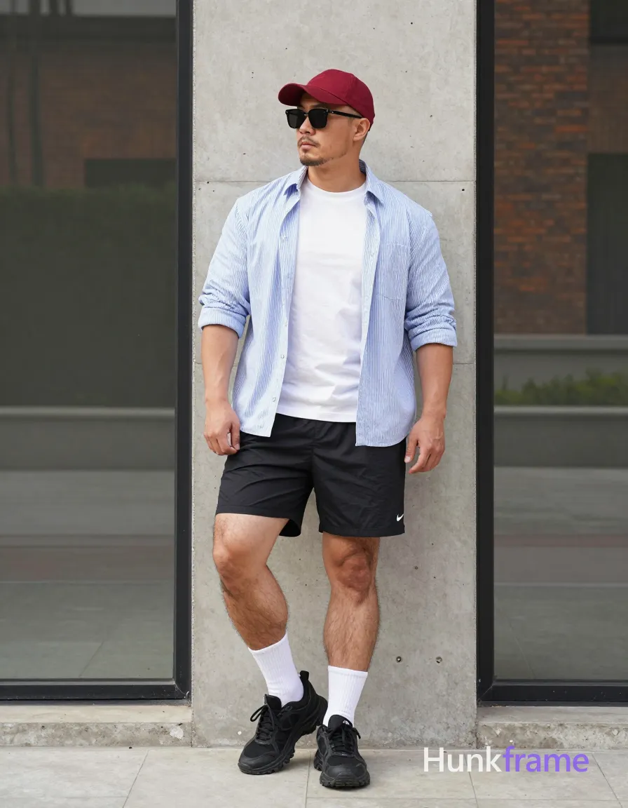 Asian man with light-medium skin and short buzz cut standing upright leaning against a concrete pillar, weight shifted onto left leg; He wears dark-tinted rectangular sunglasses on his face, red baseball cap forward-facing, white crew-neck tee under an unbuttoned light-blue-and-white vertically striped button-down shirt rolled to elbows; Black athletic shorts with Nike swoosh show inner thighs; white mid-calf socks pulled high and chunky black sneakers with textured soles complete the look; Chest partially exposed by open collar, abdomen visible below hemline; Full-body shot center-right in vertical portrait orientation 13:19; Natural sunlight from left creates subtle highlights on face and clothing folds against large glass windows reflecting brickwork; Clean composition emphasizes outfit posture minimalist background muscle-bear aesthetic rugged warm confidence broad shoulders meaty chest dense body hair preserved big-and-hairy build; The adult man visibly wears sunglasses worn on face: dark-tinted lenses, thin black frames with slight wrap-around style, rectangular shape with rounded corners on his face; preserve the exact frame shape, rim style, color, material, and lens; single clean uninterrupted photograph with a cohesive editorial composition and plain continuous surrounding surfaces