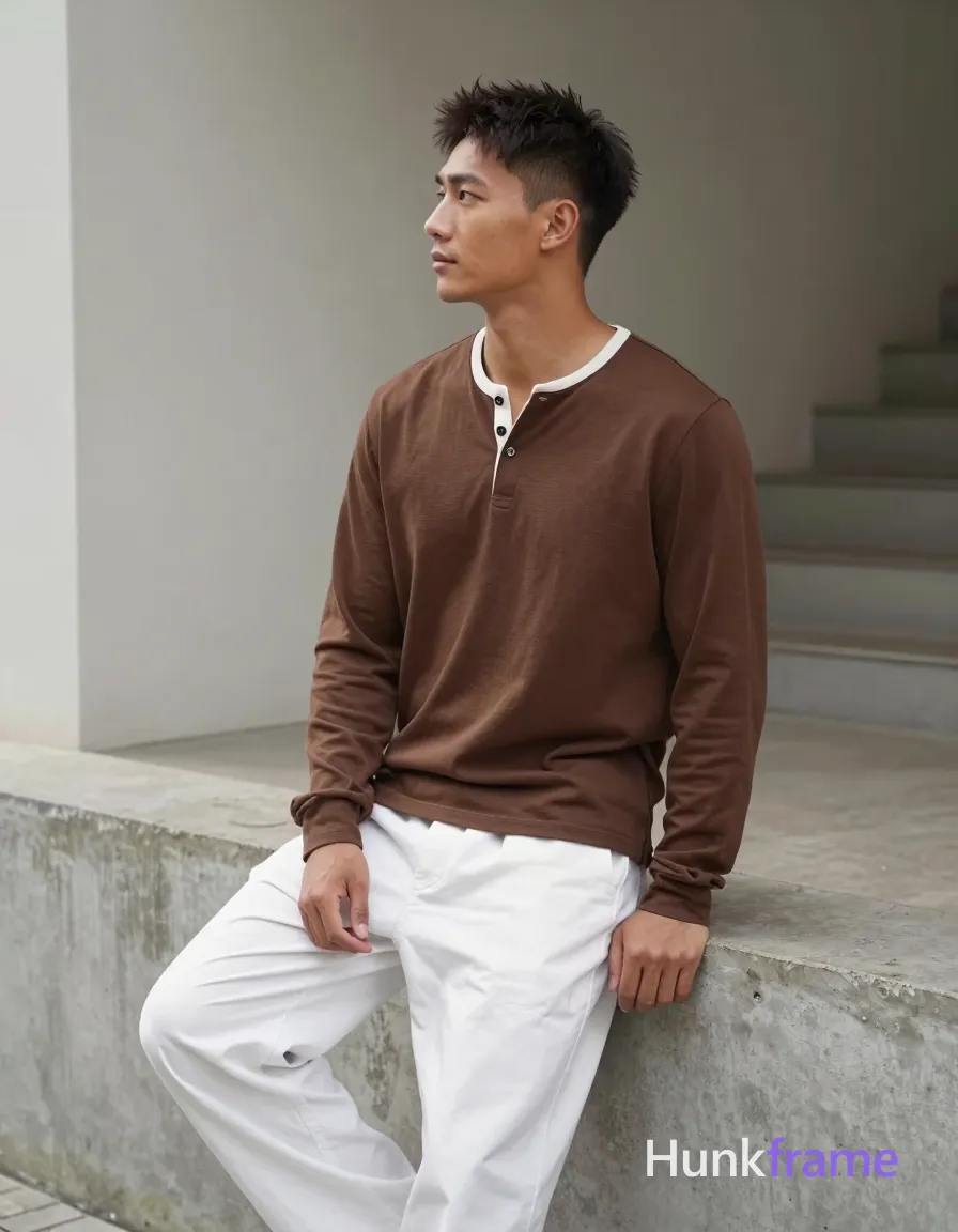 an anonymous figure man with light to medium tan skin, short textured dark brown hair styled upward at the crown and clean-shaven face; He stands casually in an urban courtyard near a staircase facade, right leg bent resting on concrete ledge while left leg extends behind him; Wearing a brown long-sleeve henley shirt with white ribbed collar and undone top button, paired with white wide-leg trousers; Soft natural daylight illuminates the candid lifestyle scene; camera captures vertical portrait orientation suitable for social feed; single clean uninterrupted photograph with a cohesive editorial composition and plain continuous surrounding surfaces