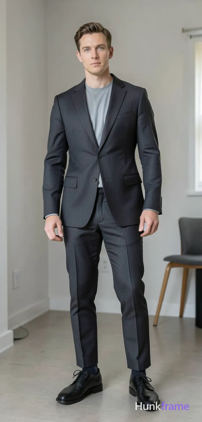 freshly generated candid Xiaohongshu lifestyle photo, brand new full-body composition with a different pose, camera angle and background, both hands relaxed, not a mirror selfie, not a copy of any reference image, dark pinstripe suit trousers (visible from waist to ankles), black dress shoes (cap-toe oxfords with laces, polished leather), dark ribbed socks (one leg shows subtle vertical stripes), thick thighs, authentic social-feed lifestyle mood, reference lighting and color treatment: fine-art photography, soft indoor lighting, neutral palette with dark accents, same aesthetic theme and photo feel as the reference but a different man in a different pose with distinct body proportions, Scandinavian man, very fair skin, ice blue eyes, Viking-broad shoulders lean waist, a single uninterrupted photograph only, no written words or typography anywhere in frame, no captions, no app UI, no social-media post layout, no screenshot borders