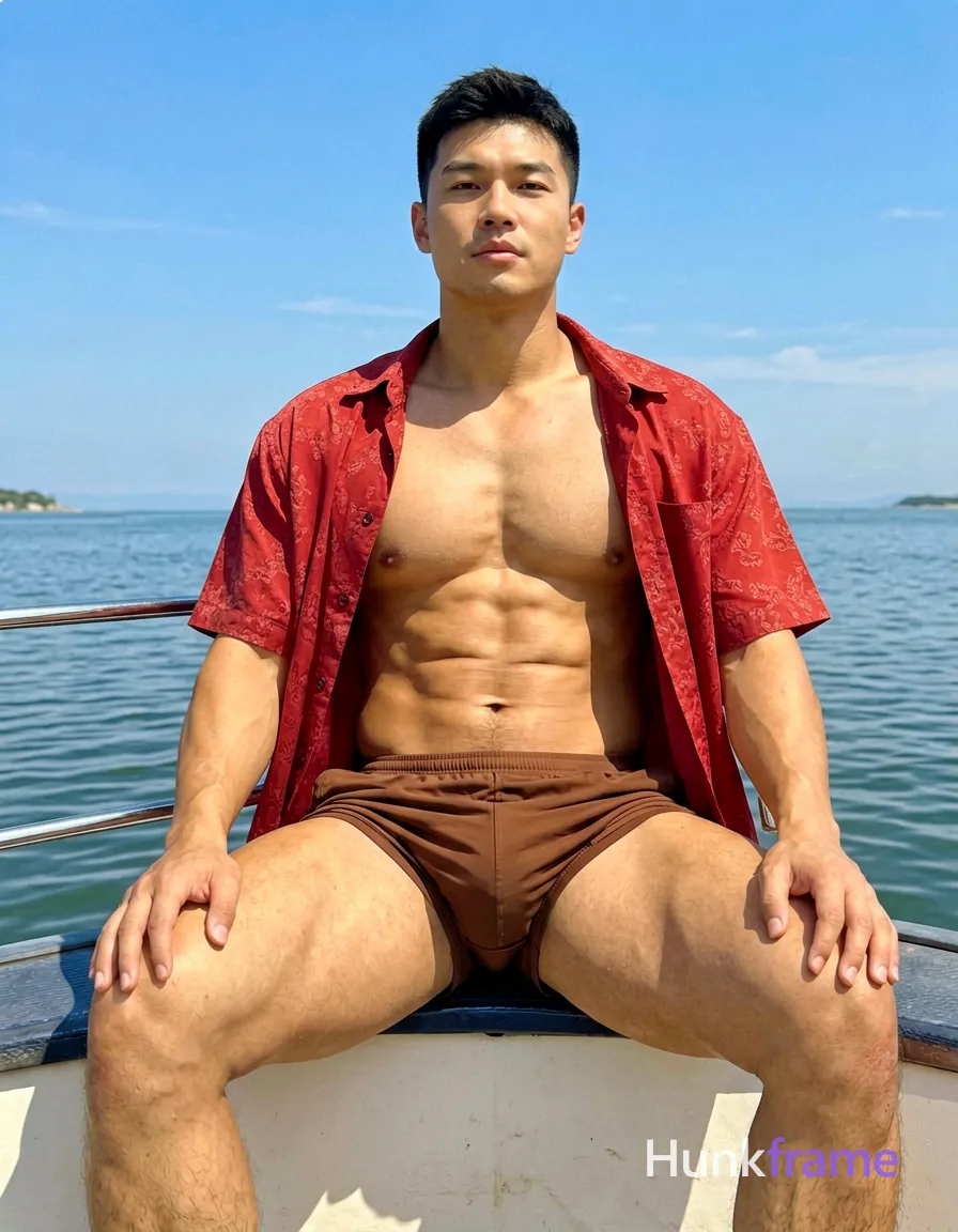 Photoreal photograph of a handsome masculine man sitting on a boat with torso slightly leaned back and hands resting on knees. Wearing brown shorts, shirtless except for a red patterned short-sleeve shirt draped over his shoulders. Compact athletic build with defined abs and thick muscular thighs visible. Clear blue sky and calm sea background in bright daylight lighting. Tack-sharp image quality with vibrant palette of blues, reds, and natural skin tones. Relaxed summery mood., shot on iPhone 15 Pro main camera, authentic smartphone computational photography, natural Smart HDR and true-to-life skin texture, vertical 9:16 Xiaohongshu lifestyle feed, bright clean everyday scene, unretouched phone photo with subtle sensor grain, trendy Chinese internet 网红 aesthetic, candid influencer energy, wearing underwear or swim trunks, covered genitals, no frontal nudity