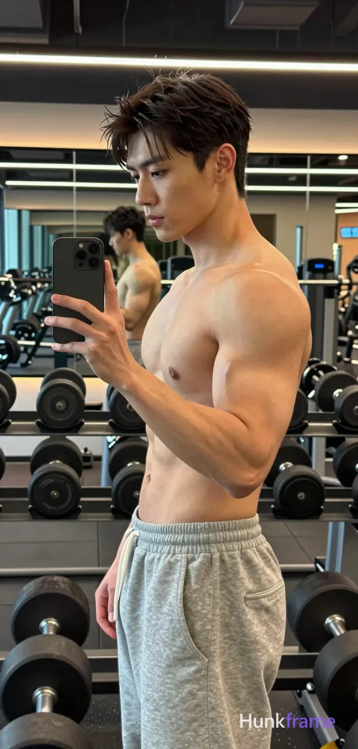 Photograph of exactly 1 adult man. Man 1: Asian, light to medium tan, oval with defined jawline, short, dark brown/black, slightly wavy texture, voluminous top, tapered sides and back, clean-shaven. Man 1 has fully exposed eyes, eyebrows, temples and nose bridge. Muscular build with defined pectorals, prominent biceps. Standing profile facing left holding black smartphone for mirror selfie. Shirtless adult wearing light gray sweatpants with elastic waistband. Vertical portrait capturing subject from mid-thigh to head level. Modern fitness center interior featuring rows of dumbbells, mirrored walls. Overhead artificial gym lights creating even illumination on musculature. High-resolution smartphone photography with naturalistic color grading