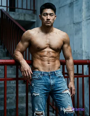 An Asian man with short black hair and light stubble leans back against a red me