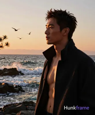Asian man with short spiky dark brown hair, medium-tan skin glowing from warm ba