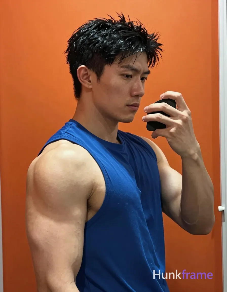 Photograph of exactly 1 adult man. Man 1: Asian, light-medium, oval with defined jawline, short black hair, slightly tousled texture, straight to slight wave, clean-shaven. Man 1 has fully exposed eyes, eyebrows, temples and nose bridge. Very muscular build with defined biceps, triceps. Standing facing mirror holding phone for selfie gesture near cheek. Blue sleeveless athletic shirt covering torso, shoulders. Portrait head to waist visible center-left occupying most frame. Indoor against solid orange wall with vertical shadow line on right. Soft frontal lighting emphasizing strong muscle definition in shadows. Fine-art photography with dramatic sculpted poses confident strength