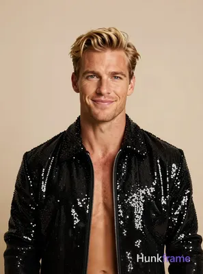 Caucasian man with fair skin and short styled blonde hair, clean-shaven face smiling slightly at cam