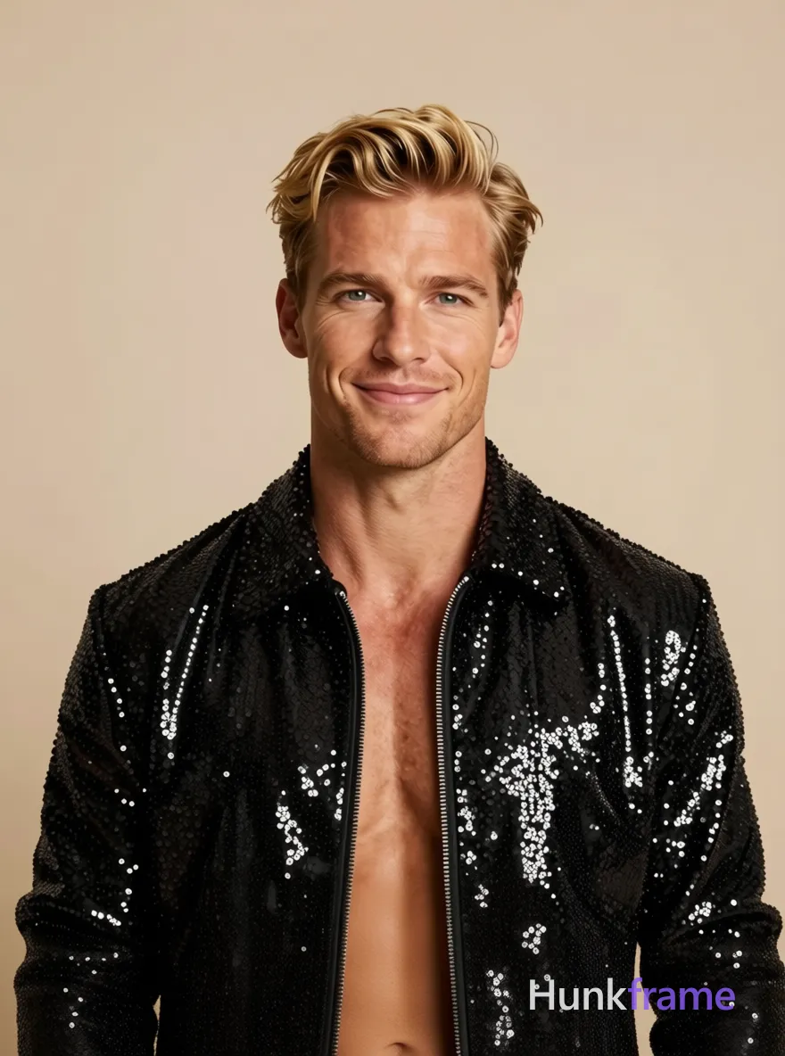 Caucasian man with fair skin and short styled blonde hair, clean-shaven face smiling slightly at camera. He wears a black sequined jacket covering his torso and arms in this head-and-shoulders portrait facing forward. Broad shoulders and defined jawline are highlighted under soft even studio lighting against a warm beige background. Composition is centered close-up from chest up with high contrast magazine cover aesthetic