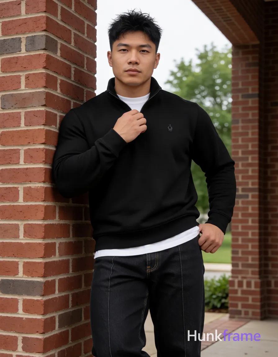 Heavily muscular adult man with substantial muscle mass, wide shoulders, thick neck, large chest and arms, powerful thighs, and dense bodybuilding proportions; Asian man, light-medium skin, short textured black hair styled upward at the crown with tapered sides and slight flyaways, clean-shaven smooth chin; Standing upright leaning against a red brick pillar on his right side, left hand resting near hip pocket, right hand adjusting collar of black long-sleeve quarter-zip pullover with small embroidered logo on left chest; White crew-neck undershirt visible at neckline and hemline covering upper chest below neck but not the full torso; dark wash denim jeans with visible stitching along front seams from head to mid-thighs; Full-body shot vertical portrait orientation, center-left framed between brick pillar and open archway revealing green trees under overcast sky; Soft diffused daylight highlighting fabric texture and facial structure; Clean composition with strong architectural lines framing subject; Athletic photography style emphasizing defined shoulders and arms in heavily muscular build, same aesthetic theme and photo feel as the; single clean uninterrupted photograph with a cohesive editorial composition and plain continuous surrounding surfaces