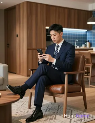 Asian man with short black straight hair and neat side parting, clean-shaven fac