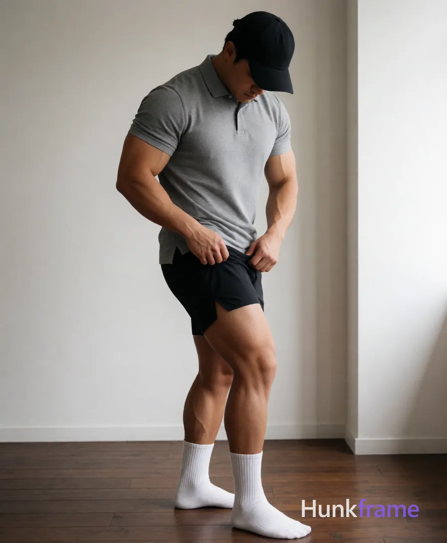 Heavily muscular adult man with substantial muscle mass, wide shoulders, thick neck, large chest and arms, powerful thighs, and dense bodybuilding proportions; An athletic adult male with light to medium tan skin stands sideways in a clean-lined indoor space, head bowed beneath a black baseball cap; He is captured mid-action pulling up his black athletic shorts with both hands, waistband rising above the knee on one side while he balances weight onto his right leg; His physique features broad shoulders and thick thighs visible below the hem of a heather grey short-sleeve polo shirt buttoned to the second collar; White crew socks complete the look against dark wood flooring illuminated by soft directional natural light from the right, same aesthetic theme and photo feel as the reference but a different man in a different pose with distinct body proportions, Japanese man, soft masculine features, straight black hair, slim dancer build; single clean uninterrupted photograph with a cohesive editorial composition and plain continuous surrounding surfaces