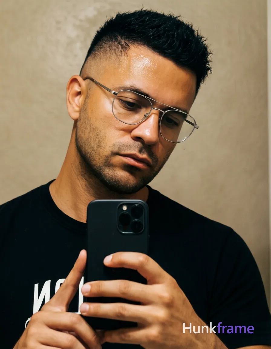an anonymous figure man with light to medium tan skin showing visible sheen on forehead and nose bridge, wearing metal rimmed glasses with thin silver frames covering both eyes; Short black hair textured top high fade sides buzzed very short clean hairline, light stubble along jawline upper lip neutral slightly pensive expression standing in front of mirror holding phone right hand face level selfie capture action holding black smartphone left hand thumb fingers gripping sides lens cluster visible back head tilted slightly toward camera wearing black crewneck t-shirt partial white lettering N and I visible fully clothed adult lean build; Indoor room textured beige wall background soft frontal lighting reflecting off skin and glasses close-up portrait chest up vertical orientation centered fine-art photography dramatic lighting sculpted facial features homoerotic aesthetic premium fashion editorial tone high-fidelity detail on facial features skin texture; The adult man visibly wears metal rimmed glasses with thin silver frames, round-to-oval lenses; worn on face covering both eyes on his face; preserve the; single clean uninterrupted photograph with a cohesive editorial composition and plain continuous surrounding surfaces