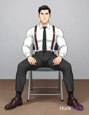 An adult man with light-medium skin and short black hair sits on a metal-framed 