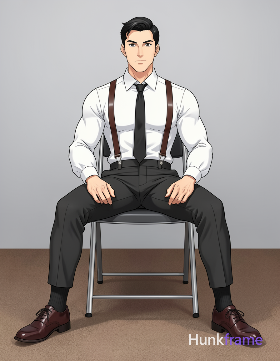 An adult man with light-medium skin and short black hair sits on a metal-framed 