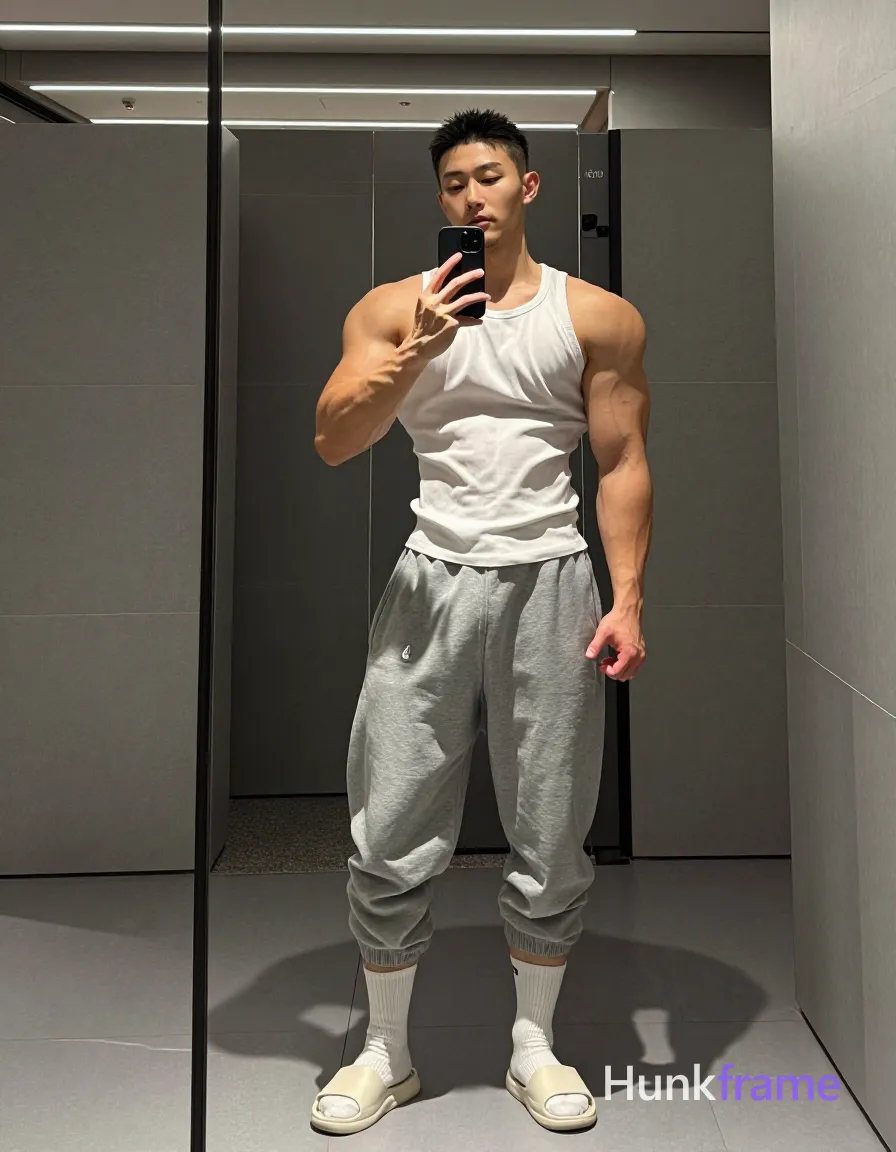 Asian man with short black buzz cut and light stubble stands full-body in a gym mirror, wearing white ribbed sleeveless tank top exposing broad shoulders and vascular arms; He holds a vertical black smartphone against his chin with right hand while facing forward slightly rotated left; Grey heathered sweatpants sit on thick thighs above mid-calf crew socks and white slide sandals; Overhead fluorescent lights cast even illumination in the locker room setting; Clean lines, high contrast between skin tones and clothing, minimalist composition centered on physique within full_body_mirror_reflection, shot on iPhone 15 Pro main camera, authentic smartphone computational photography, natural Smart HDR and true-to-life skin texture, vertical 9:16 Xiaohongshu lifestyle feed, bright clean everyday scene, unretouched phone photo with subtle sensor grain, trendy Chinese internet 网红 aesthetic, candid influencer energy, phone held naturally in one hand for selfie, phone visible in frame; single clean uninterrupted photograph with a cohesive editorial composition and plain continuous surrounding surfaces