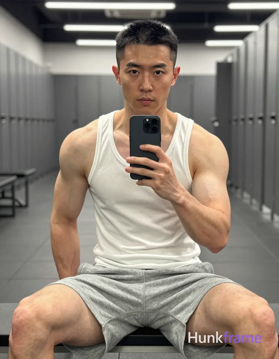 Photograph of exactly 1 adult man. Man 1: East Asian, light-medium, square-jawed with defined cheekbones and a straight jawline, short buzz cut, black hair, high density, clean-shaven scalp visible at the nape, clean-shaven. Man 1 has fully exposed eyes, eyebrows, temples and nose bridge. Broad shoulders, thick quads define the East Asian man's athletic build. He holds a black smartphone for a mirror selfie while seated with legs spread wide. Shirtless torso in white ribbed tank top paired with light gray heathered sweat shorts. Vertical portrait framing captures knees to head within locker room mirror reflection. Modern gym space features dark gray tiled floors, wall-mounted lockers lining walls. Overhead LED fixtures cast even illumination preserving natural skin texture details. High-resolution photo with shallow depth of field blurring distant weight rack equipment