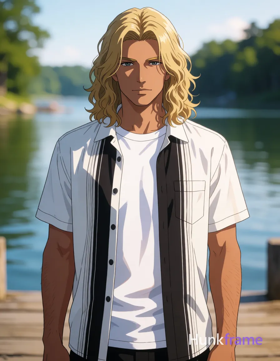 Caucasian adult man standing upright on a wooden dock in polished anime 2.5D next-gen game art style; He wears long wavy blonde hair parted off-center with light stubble on upper lip only, clean-shaven chin and jawline; Dressed in white crew-neck t-shirt underneath an unbuttoned short-sleeve button-up shirt featuring vertical black-and-white striped panels along front placket; Artistic partial nude adult exposure at neckline; Slim build physique facing camera directly with shoulders squared to lens on outdoor lakeside environment; Natural sunlight from upper-left casting soft shadows, shallow depth-of-field isolating subject against dreamy bokeh background of calm water and tree-lined shore, same aesthetic theme and photo feel as the reference but a different man in a different pose with distinct body proportions, Mexican man, bronze skin, strong jaw, thick wavy hair, soccer-player lean legs; single clean uninterrupted artwork with a cohesive composition and plain continuous surrounding surfaces