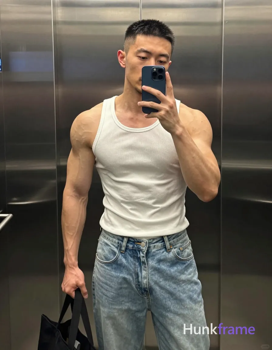 Asian man with short black buzz cut and slight upper lip stubble, highly muscular build with prominent arm vascularity; Standing upright facing slightly left in an elevator mirror reflection, right hand holding dark blue smartphone against cheek for selfie, left hand gripping black tote bag handle at hip level; Wearing white ribbed muscle tank top exposing bare shoulders and deltoids, light-wash denim jeans with button fly; Vertical full-body crop from head to mid-thighs; Soft ambient indoor lighting highlights skin texture on brushed stainless steel walls; Naturalistic smartphone color grading, confident homoerotic aesthetic; single clean uninterrupted photograph with a cohesive editorial composition and plain continuous surrounding surfaces