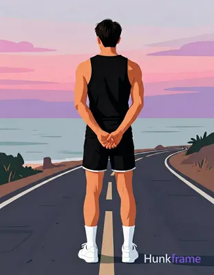 Bold flat-color poster wall art of adult man standing with back to camera hands clasped behind lower