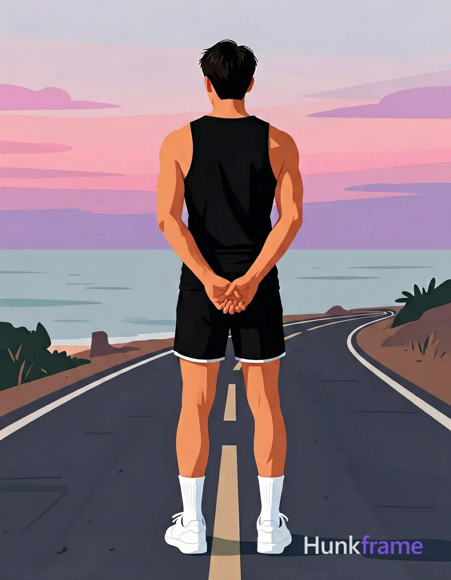 Bold flat-color poster wall art of adult man standing with back to camera hands clasped behind lower back on coastal paved road at dusk; He wears black sleeveless tank top exposing upper back shoulders arms, black athletic shorts ending mid-thigh, white crew socks pulled up to mid-calf, white low-top sneakers; High-contrast color blocking features pale blue-gray ocean pink lavender sky against clean vector line composition with strong leading lines from road curvature; securely fitted underwear or swim trunks with complete frontal coverage; single clean uninterrupted photograph with a cohesive editorial composition and plain continuous surrounding surfaces
