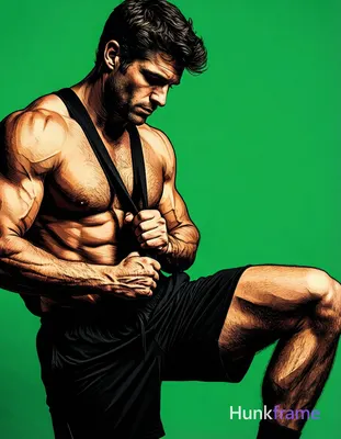 A bold flat-color wall art graphic of a muscular adult man with dark short slightly wavy hair and cl