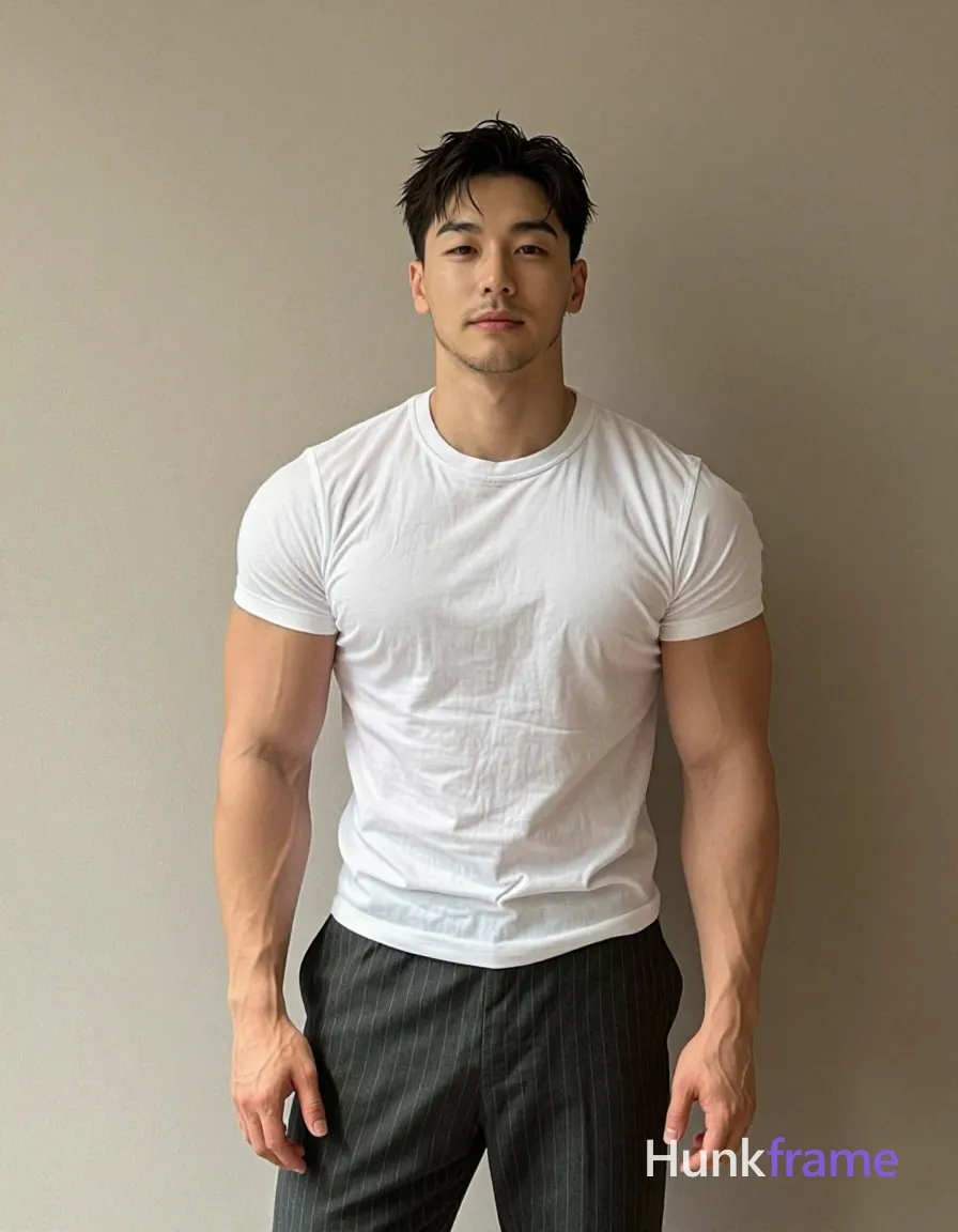 Korean adult man with light medium tan skin, short textured dark brown hair styled upward at the crown, sideburns present but not long beard, clean-shaven chin and upper lip with light stubble on jawline only; Wearing white textured short-sleeve t-shirt with crew neck hem tucked partially into pants at front but loose at sides, dark gray pinstripe trousers with slim fit; Lean build physique fully clothed adult; Background is plain neutral beige studio wall; Vertical portrait orientation 13:19 aspect ratio; Clean lines high contrast between subject and background entire figure in focus soft directional key light from front-left creating subtle shadows on right side of face and torso minimalist composition centered calm mood, shot on iPhone 15 Pro main camera, authentic smartphone computational photography, natural Smart HDR, vertical 9:16 Xiaohongshu lifestyle post, bright clean gym or cafe scene, wardrobe matching reference outfit, confident everyday blogger pose, phone photo with natural grain; single clean uninterrupted photograph with a cohesive editorial composition and plain continuous surrounding surfaces
