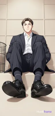 Polished anime style rendering of an adult man seated with legs extended forward, feet resting on a 