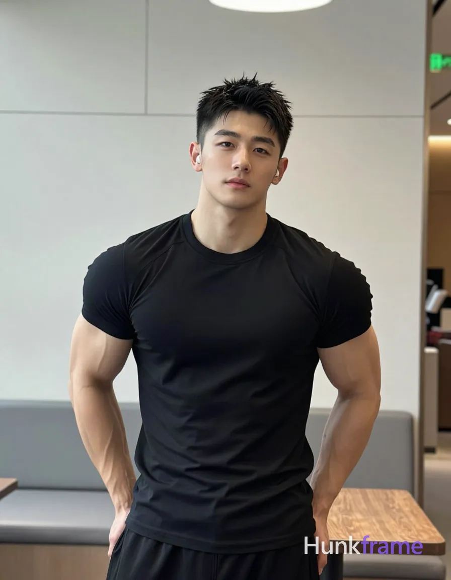 Asian man with short dark black textured crop hair, clean-shaven face, wearing a black short-sleeve crew-neck t-shirt standing upright facing forward with hands behind back and slight torso lean left; Overhead artificial lighting casts soft shadows on broad shoulders and defined pectorals; Clean shallow depth of field, neutral direct gaze at camera, shot on iPhone 15 Pro main camera, authentic smartphone computational photography, natural Smart HDR, vertical 9:16 Xiaohongshu lifestyle post, bright clean gym or cafe scene, wardrobe matching reference outfit, confident everyday blogger pose, phone photo with natural grain; single clean uninterrupted photograph with a cohesive editorial composition and plain continuous surrounding surfaces