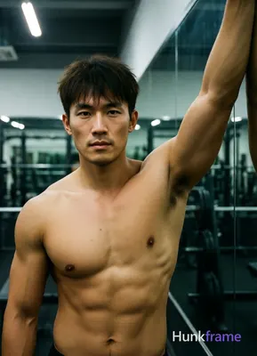 Photograph of exactly 1 adult man. Man 1: Asian, light to medium tan, oval with a defined jawline an