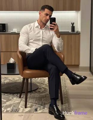Adult man, slim build with defined athletic posture, short dark brown/black side-parted slick-back h