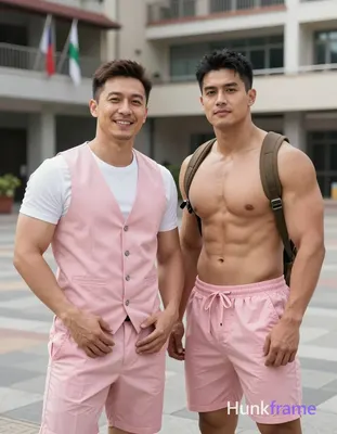 an anonymous figure men standing side-by-side in a vertical portrait muscle bear