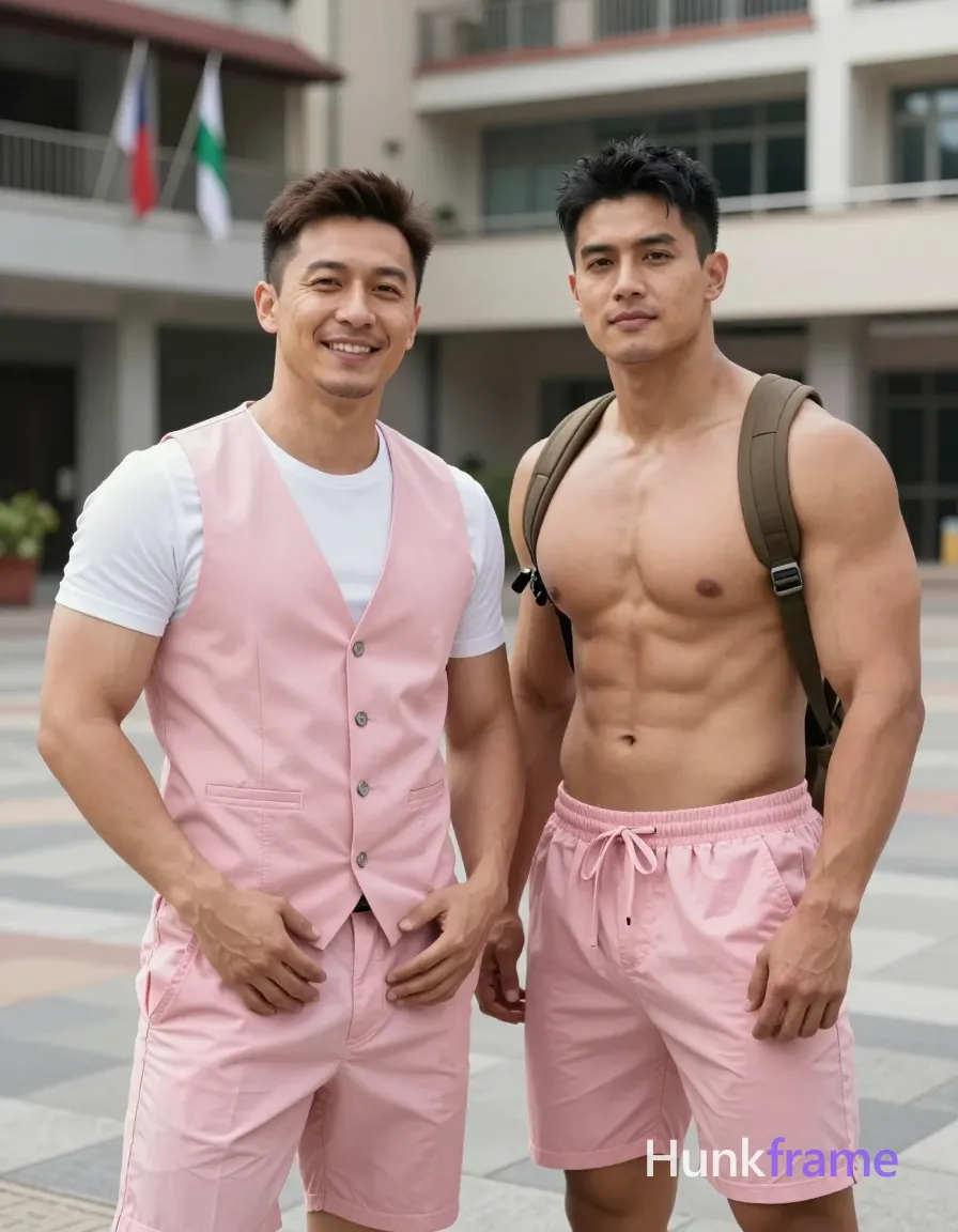 an anonymous figure men standing side-by-side in a vertical portrait muscle bear photography shot, man 1 on left foreground wearing pink short-sleeved button-up vest over white t-shirt with hands resting on lower abdomen and waist area, smiling at camera; man 2 slightly angled toward him facing forward-right in matching pink shorts or pants with brown backpack straps. Outdoor urban plaza setting with multi-story building backdrop featuring flags and balconies under natural daylight with soft shadows indicating diffused sun conditions. Shallow depth of field blurring background slightly against gray concrete tones, bright saturated colors creating a rugged warm confidence aesthetic., a single uninterrupted photograph only, no written words or typography anywhere in frame, no captions, no app UI, no social-media post layout, no screenshot borders