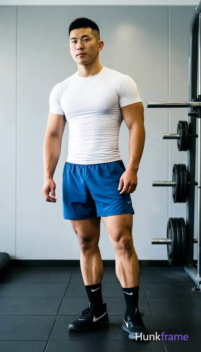 Asian man with short black buzz cut and high fade, clean-shaven face with neutral focused gaze standing upright slightly left of camera; He wears a white fitted compression t-shirt covering torso completely, blue athletic shorts ending mid-thigh showing thick thighs and calves, black crew socks with white Nike swoosh logo, black athletic sneakers; Standing in relaxed confident pose with slight hip tilt to suggest movement; Indoor gym setting with light gray paneled walls, dark tiled flooring, partial view of weight bench to right; Soft directional highlight from above-left sculpting defined pectorals and arms on skin tones; Vertical portrait orientation 13:19 aspect ratio; FULL TEXT REPLACEMENT: remove every original source word, sentence, slogan, logo, and partial spelling from the text-bearing area, then replace it with only the wordmark, spelled exactly "hunkframe" on the sign in the composition; This is replacement; Preserve appropriate typography and scale; No other visible text, logo, caption, username, hashtag, comment, watermark, or UI chrome; single clean uninterrupted photograph with a cohesive editorial composition and plain continuous surrounding surfaces