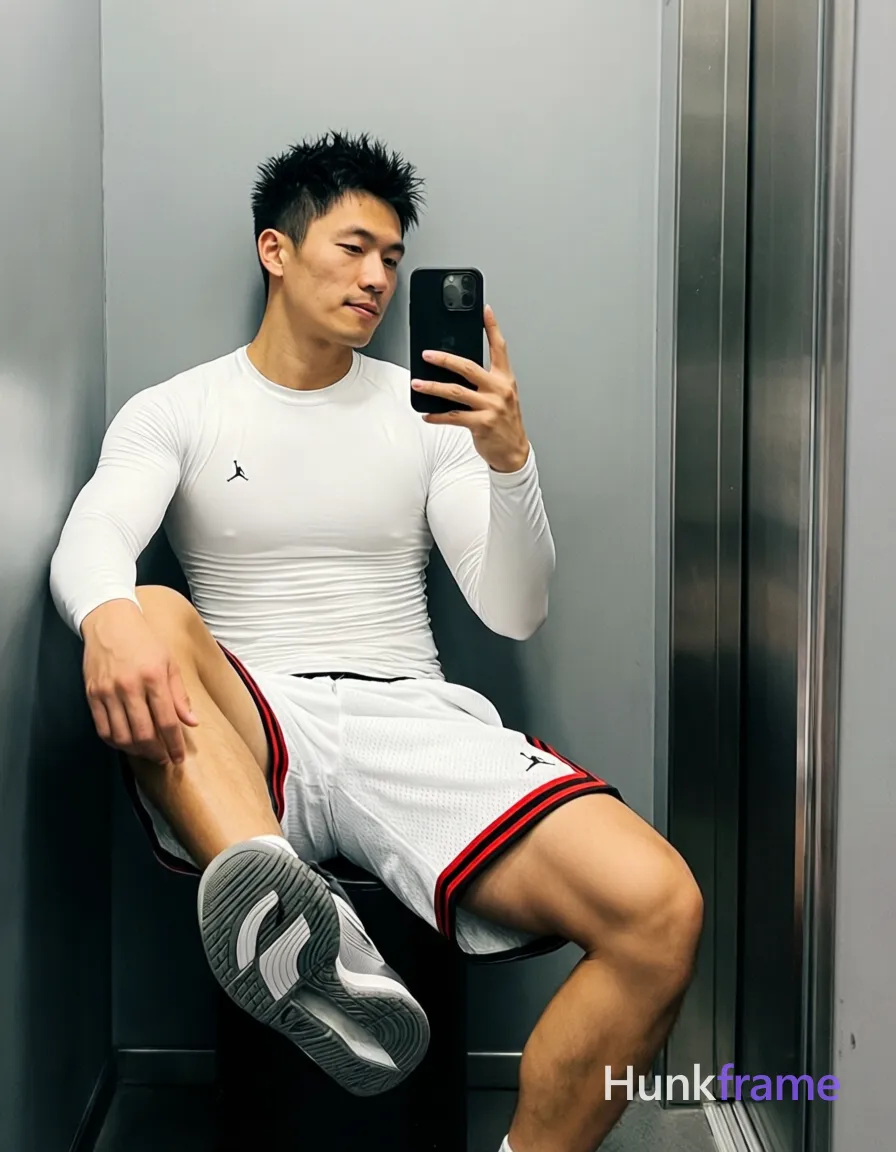 Asian man with light-medium skin and short black textured spiky hair, clean-shaven face in mirror selfie pose seated sideways against gray wall; He wears a white long-sleeve compression shirt with small chest logo and white basketball shorts featuring red/black Jumpman trim on thigh; Left knee raised flexing sole of shoe, right leg extended forward; torso leans slightly toward camera holding black smartphone in right hand; Full-body shot 13:19 portrait orientation capturing head to feet within narrow elevator or locker room space with metallic door frame visible; Soft ambient indoor lighting highlights lean build and fabric textures against minimalist gray backdrop for premium fashion editorial aesthetic, shot on iPhone 15 Pro main camera, authentic smartphone computational photography, natural Smart HDR, vertical 9:16 Xiaohongshu lifestyle post, bright clean gym or cafe scene, wardrobe matching reference outfit, confident everyday blogger pose, phone photo with natural grain, phone held naturally in one hand for selfie, phone visible in frame; single clean uninterrupted photograph with a cohesive editorial composition and plain continuous surrounding surfaces