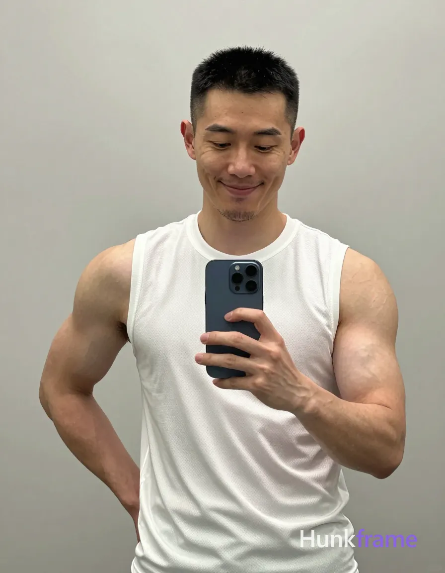 Asian man with short black buzz cut and light stubble smiling warmly in a gym mirror, wearing white textured mesh sleeveless athletic tank top; Standing facing camera holding dark blue smartphone at chest level with left hand, right arm bent behind back resting on hip partially obscured; Broad shoulders defined pectorals vascular arms prominent biceps triceps highlighted by soft sculpting lighting implied exposure teasing pose fully clothed adult vertical portrait 13:19 aspect ratio clean composition natural skin texture realistic proportions confident masculine man tasteful suggestive framing, shot on iPhone 15 Pro main camera, authentic smartphone computational photography, natural Smart HDR, vertical 9:16 Xiaohongshu lifestyle post, bright clean gym or cafe scene, wardrobe matching reference outfit, confident everyday blogger pose, phone photo with natural grain, phone held naturally in one hand for selfie, phone visible in frame; single clean uninterrupted photograph with a cohesive editorial composition and plain continuous surrounding surfaces