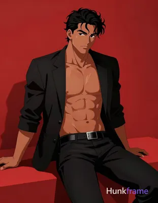 Polished anime 2.5D next-gen game art of an adult man, seated with right leg ben