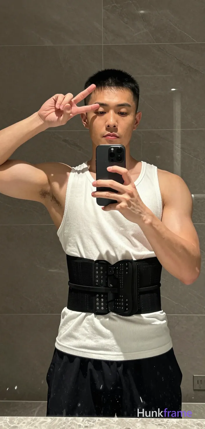 Asian man with short black buzz cut and clean-shaven face, light-medium skin tone posing sensually in a vertical mirror selfie; He stands facing the glass holding a black smartphone at chest level with left hand while making a peace sign near his head with right fingers; Wearing a white ribbed tank top fully covering torso and a black waist trainer compression belt around midsection showing 'PRO COMBAT' text at bottom edge; Broad shoulders, defined pectorals, large biceps, visible abdominal definition highlighted by warm directional lighting creating soft shadows on skin in dimly lit bathroom setting with gray marble floor tiles; Centered full upper-body shot from thighs up reflecting confident allure, shot on iPhone 15 Pro main camera, authentic smartphone computational photography, natural Smart HDR, vertical 9:16 Xiaohongshu lifestyle post, bright clean gym or cafe scene, wardrobe matching reference outfit, confident everyday blogger pose, phone photo with natural grain, phone held naturally in one hand for selfie, phone visible in frame; single clean uninterrupted photograph with a cohesive editorial composition and plain continuous surrounding surfaces